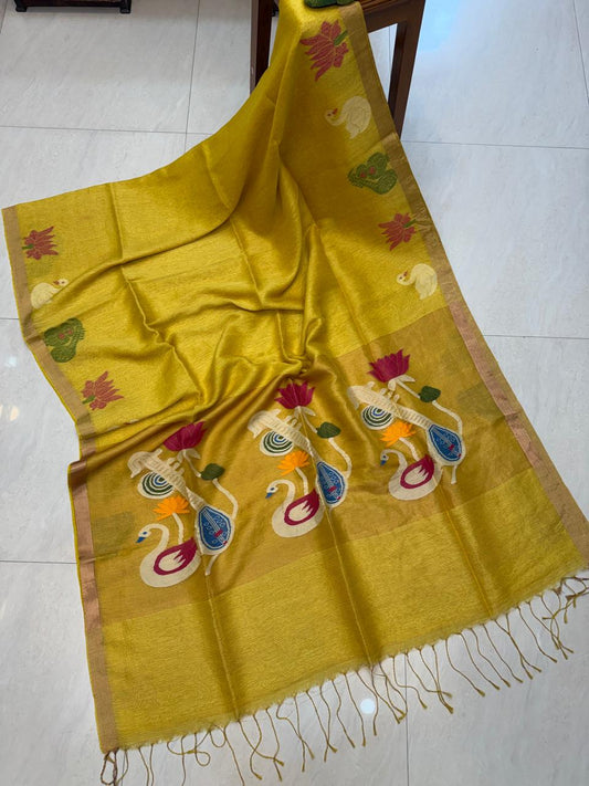 Premium handloom Resham Check Tissue Linen Paithani saree crafted in soft Silk Linen, featuring elegant check detailing and a running blouse piece by Rihyaaz.