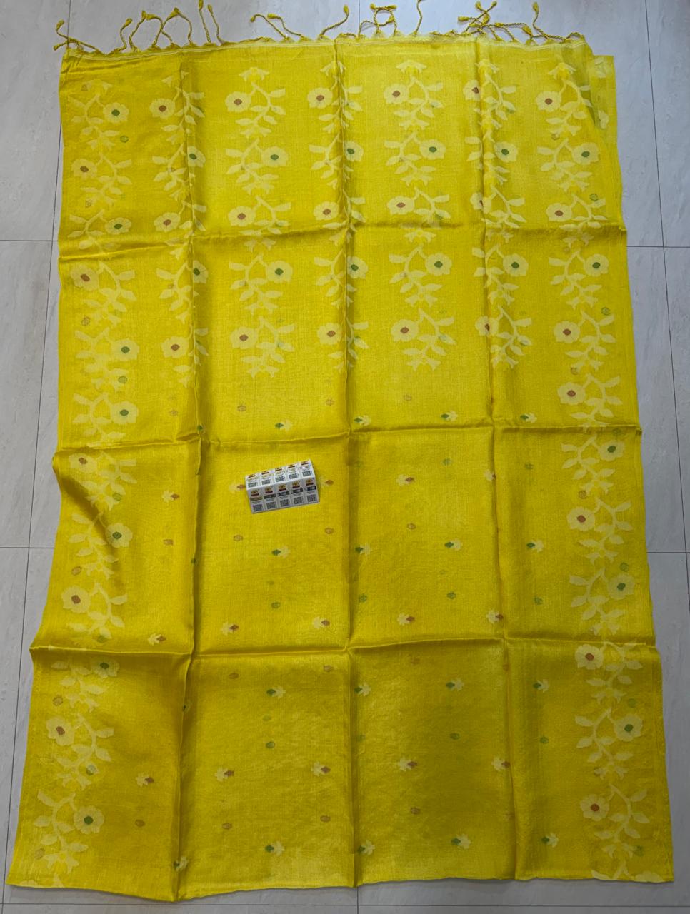 Rihyaaz Yellow authentic pure Gachhi 2-ply Tussar Jamdani saree with PL weaving, unique all-over butti work, Silk Mark certified tag and running blouse piece.
