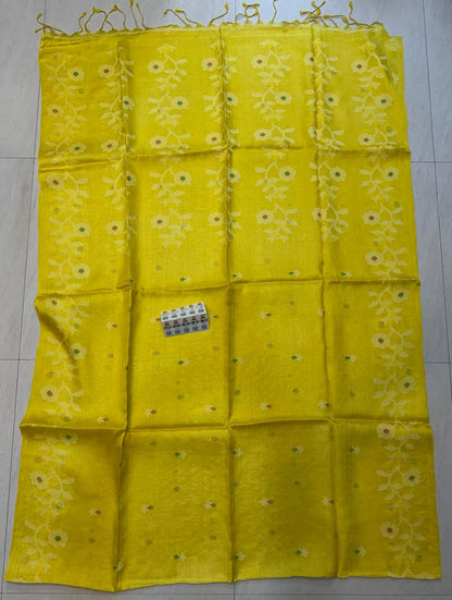 Rihyaaz Yellow authentic pure Gachhi 2-ply Tussar Jamdani saree with PL weaving, unique all-over butti work, Silk Mark certified tag and running blouse piece.