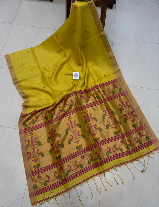Morni Authentic premium-quality handloom saree crafted in soft pure Tissue Silk Linen with an elegant Paithani-inspired paired with a running blouse piece by Rihyaaz.