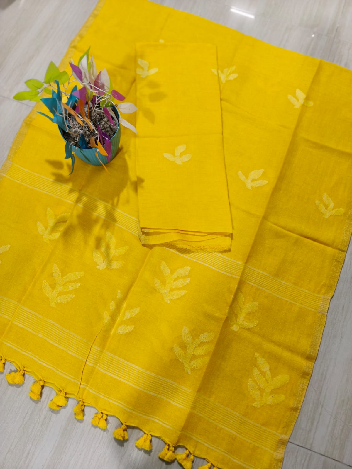 Tista Silk Linen Jamdani suit with needle-weaved leaf motifs and dupatta by Rihyaaz