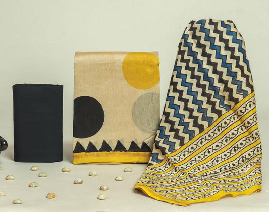 Royal Lady yellow Bagru hand block printed Chanderi silk suit set with pure Chanderi silk dupatta and cotton bottom by Rihyaaz.