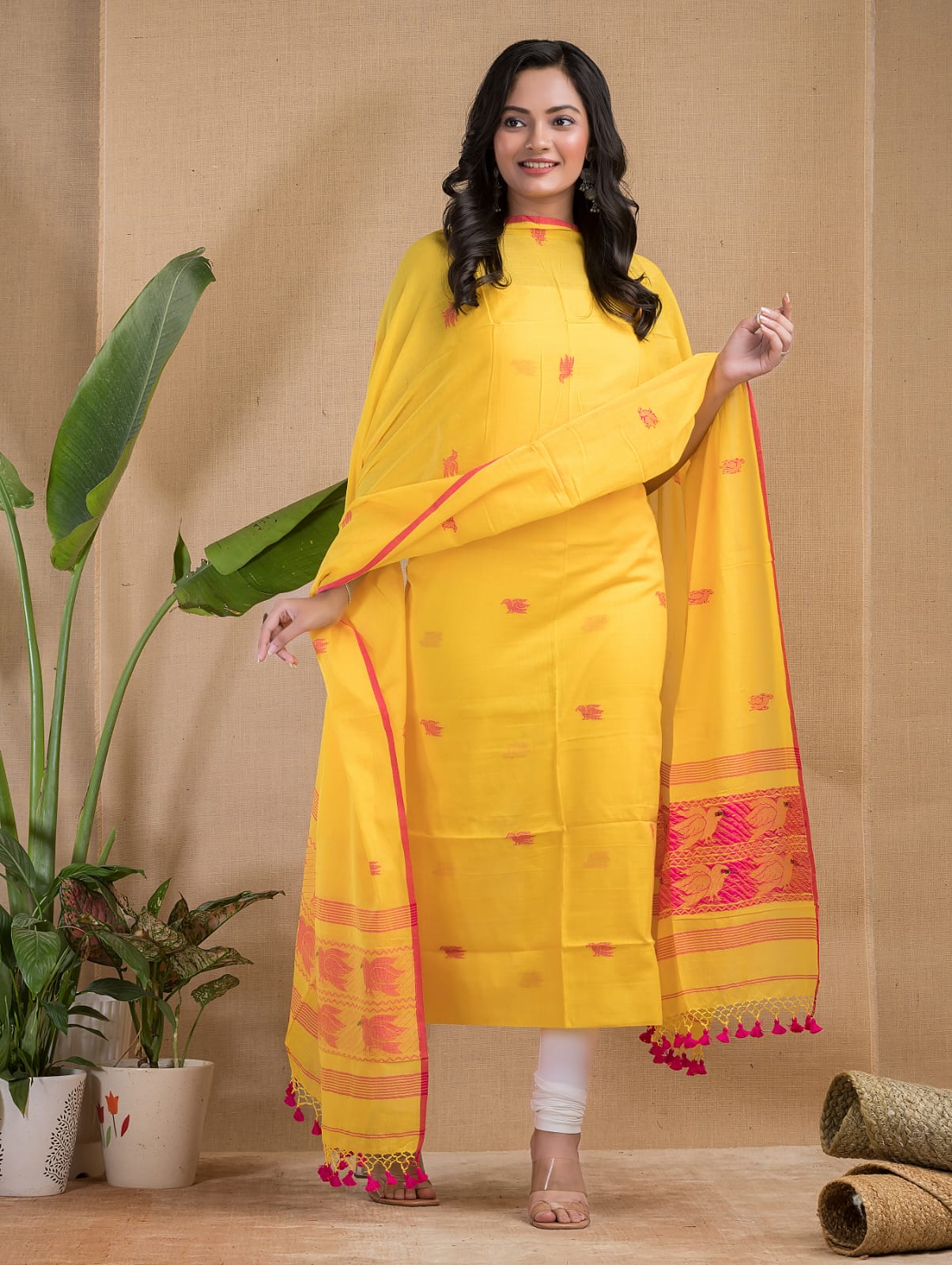 Bird Motif Jamdani Mul Mul Cotton Suit Set by Rihyaaz with 3-meter top and 2.5-meter dupatta