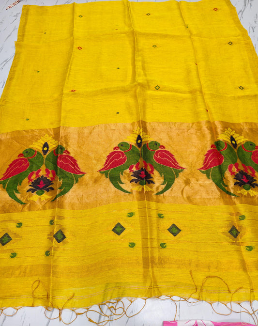 Moyna yellow silk linen saree with Resham palla and intricate Meenakari Jamdani handwoven detailing with bird motiffs by Rihyaaz