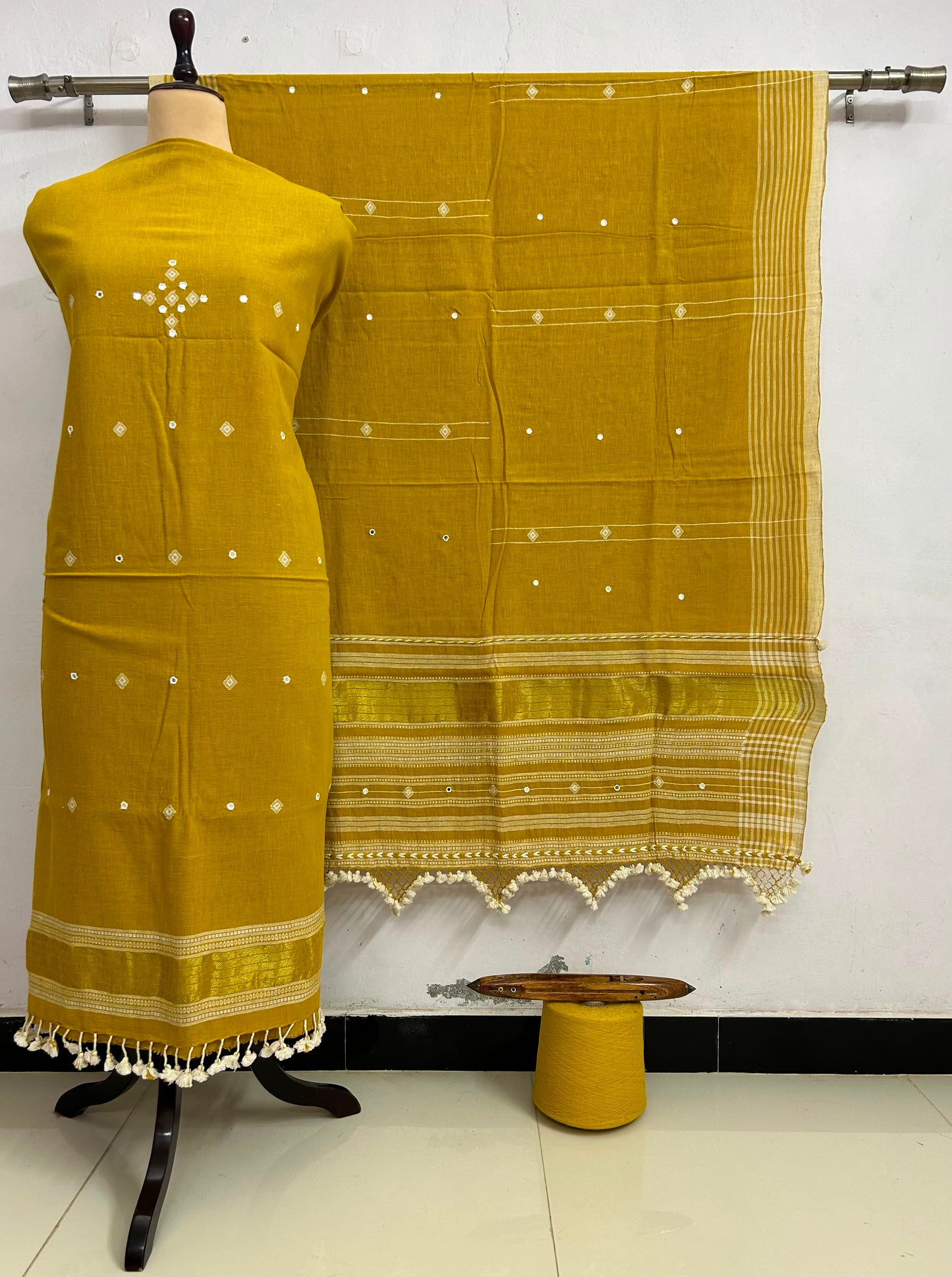 Ahir - Designer Kala Cotton 3 Piece Suit Set by Rihyaaz featuring handcrafted Ahir embroidery, breathable sustainable Kala Cotton fabric, matching kurta, pants and dupatta for elegant ethnic wear.