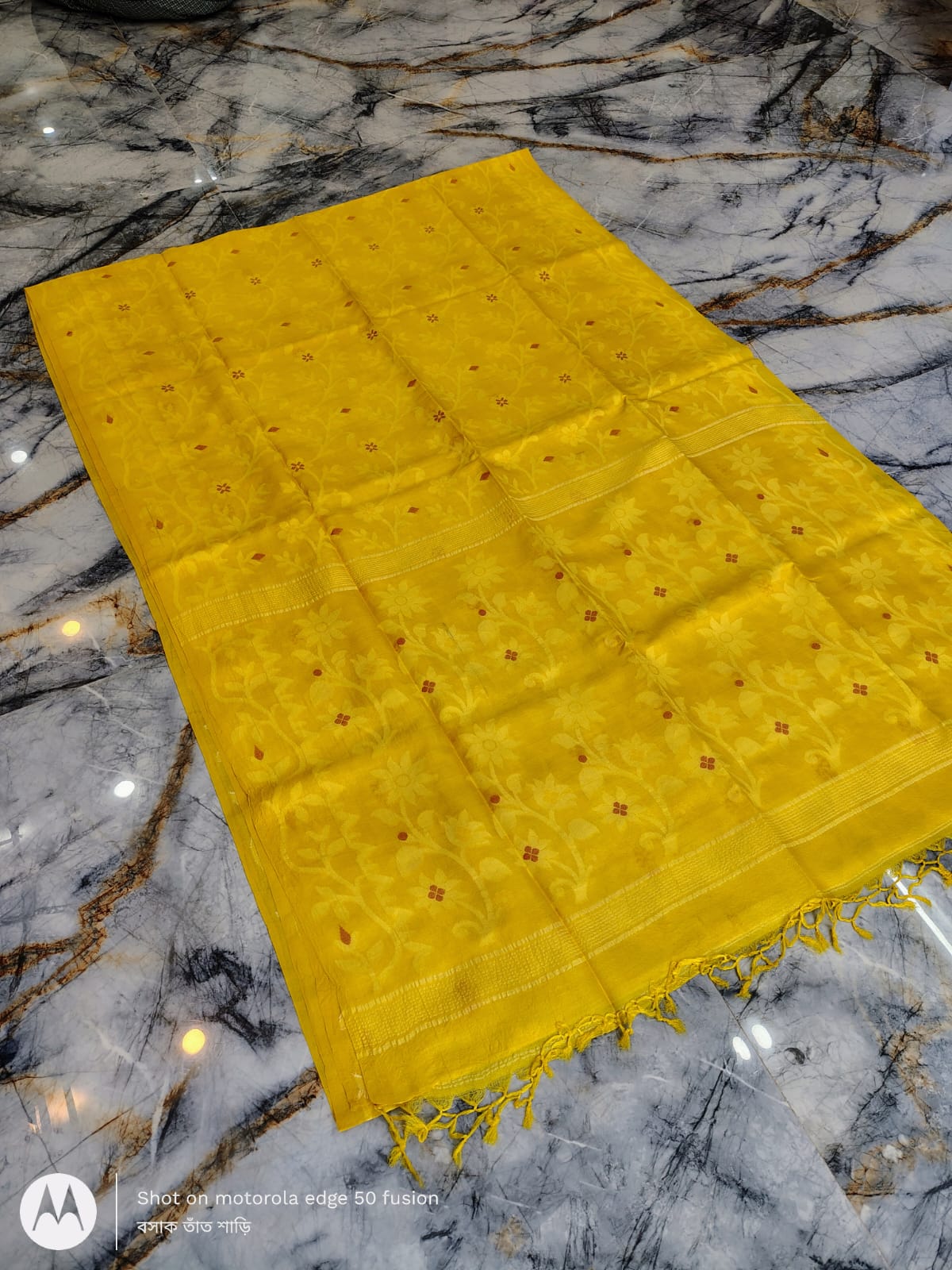 Silkmark certified Yellow Bengal handloom Tussar tie and dye Allover Floral motif saree with an all-over tie-dye pattern, elegant contrast border, and blouse piece Exclusively by Rihyaaz.