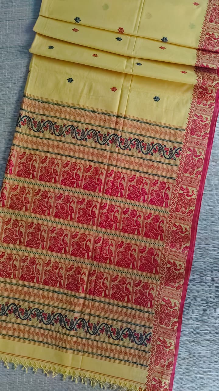 Sarika yellow handwoven Baluchari style saree in soft lightweight fabric with running blouse piece by Rihyaaz.