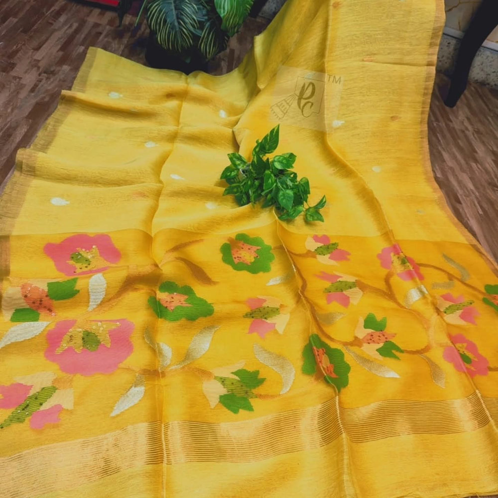 Handwoven Linen by Muslin Saree with Needle Weave & Golden Zari Border | Rihyaaz