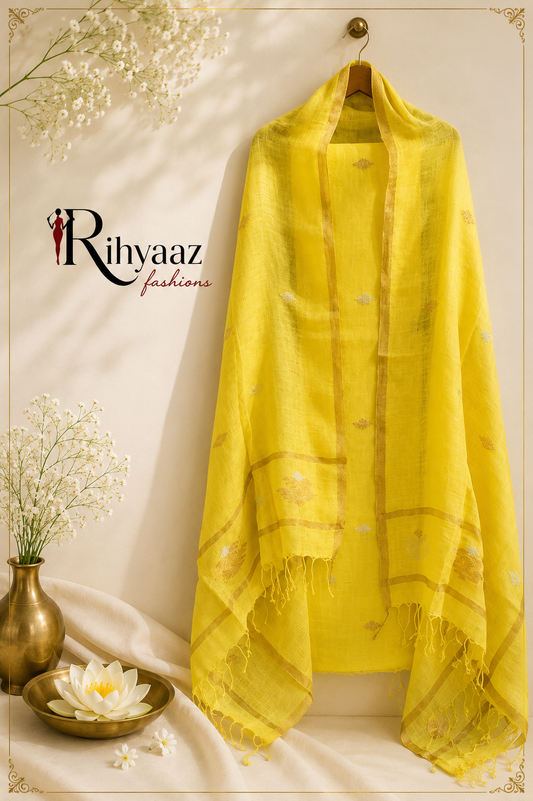 Dual Zari Woven Linen Needle Jamdani Suit Set by Rihyaaz featuring premium handwoven linen fabric with intricate Needle Jamdani weaving and elegant dual zari detailing for festive and ethnic wear.