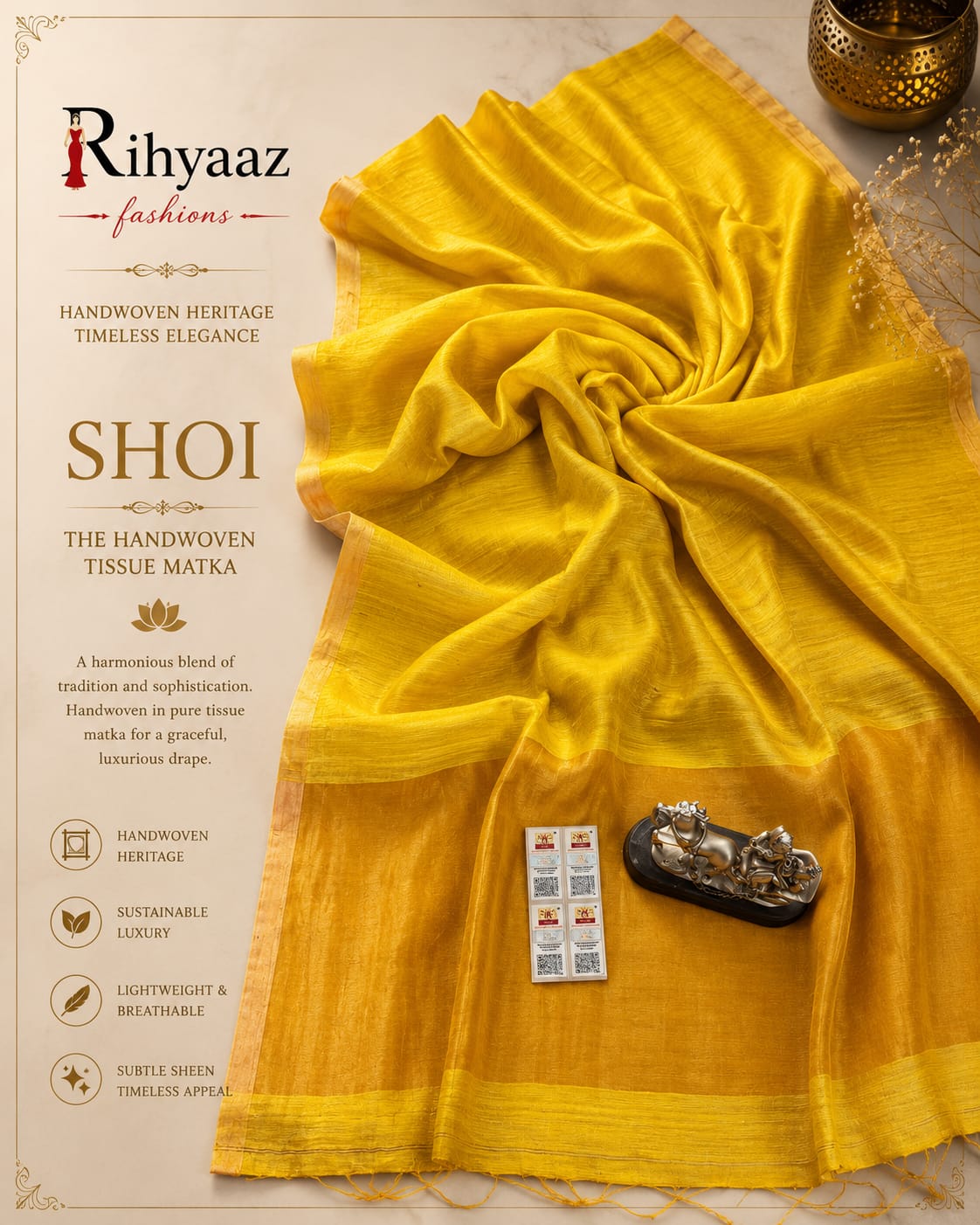 Shoi Inchi Par Tissue Resham Matka saree with elegant traditional border and running blouse piece by Rihyaaz.
