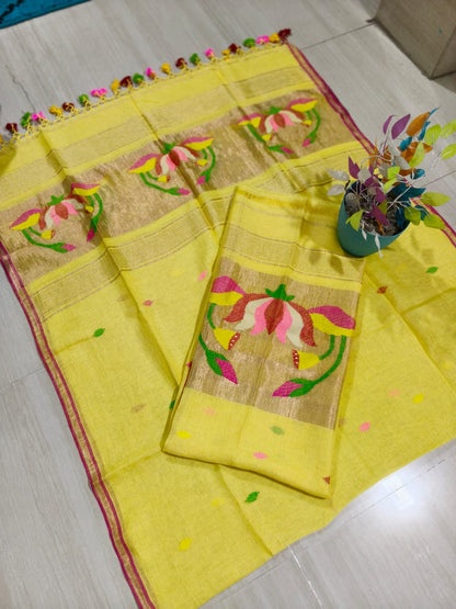 Cocoon Yellow Jayshree linen by linen suit with intricate needle tissue patta Jamdani weaving, premium traditional ethnic wear by Rihyaaz.