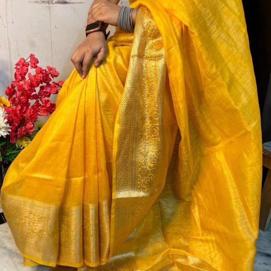 Ikangshi linen Benarasi saree with tested zari weaving and running blouse piece by Rihyaaz