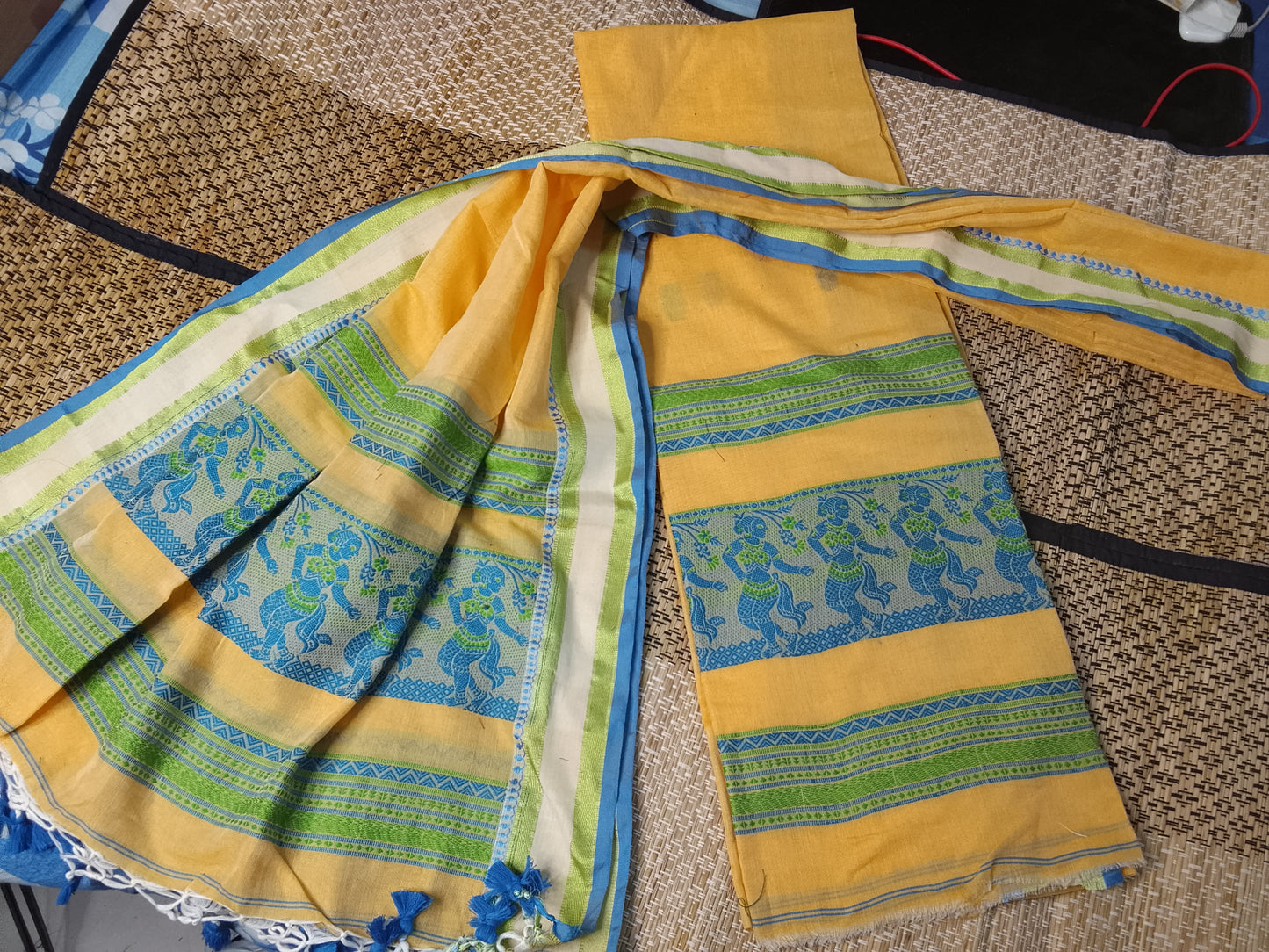 Bihu - Mul Cotton Baluchari Handwoven Suit Set by Rihyaaz featuring traditional Baluchari-inspired weaving on soft breathable mul cotton fabric.