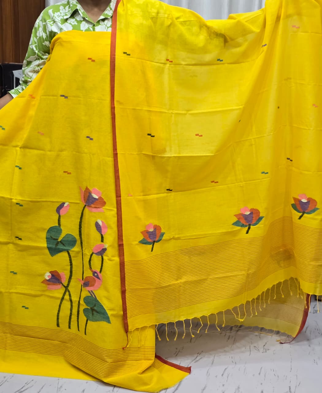 Arvi Mul Cotton checkered Needle Weaved Lotus Motif Jamdani suit with daman work and detailed dupatta by Rihyaaz