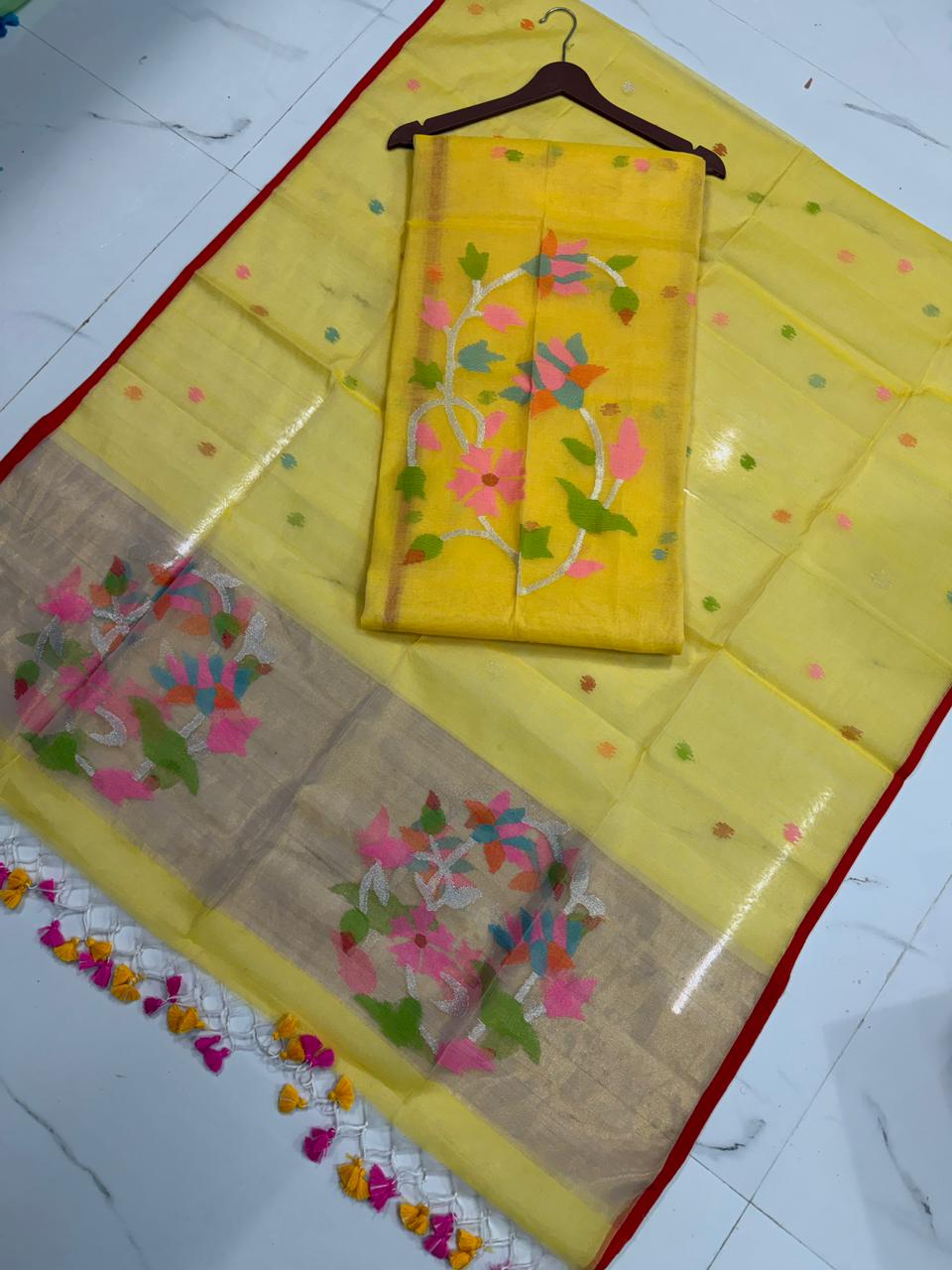 Rihyaaz handwoven Muslin Paithani Jamdani suit with 2.5 meter top and 2.5 meter tassel dupatta, lightweight traditional Indian ethnic wear.