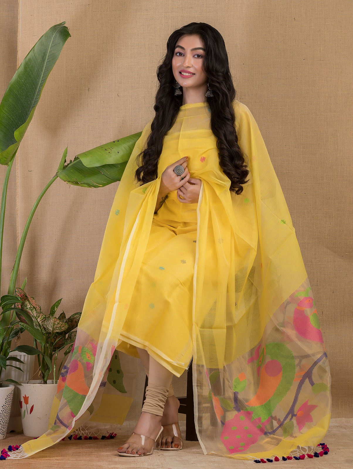 Rihyaaz Muslin Peacock Motif Paithani Jamdani handwoven suit with 2.5 meter top and tassel detailed dupatta