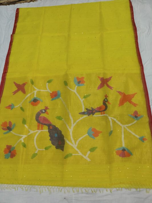 Muslin Silk Paithani Weave Saree by Rihyaaz featuring all-over sequin work, luxurious drape, festive Indian ethnic wear for weddings and celebrations.