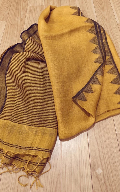 Yellow Pure silk Jayashree linen saree with traditional temple border, striped palla and running blouse piece by Rihyaaz Fashions.