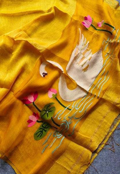 Pure Jayashree linen silk saree with handwoven needlework resham palla with delicate lotus and swan motifs and running blouse piece by Rihyaaz.