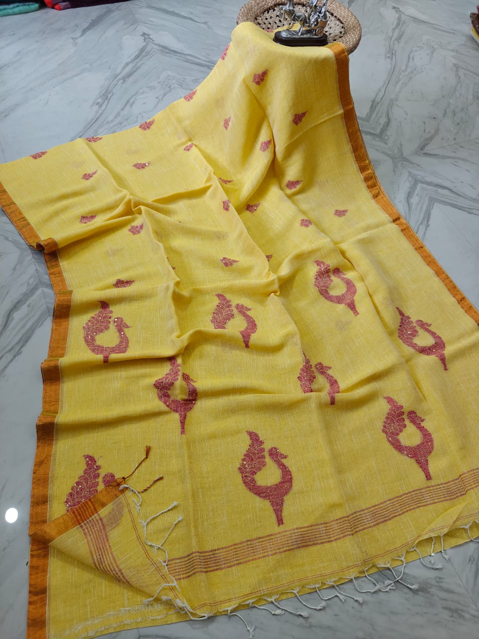 Exclusive Pure Linen by Linen Peacock Jamdani handwoven saree with all-over body Mina work and running blouse piece by Rihyaaz