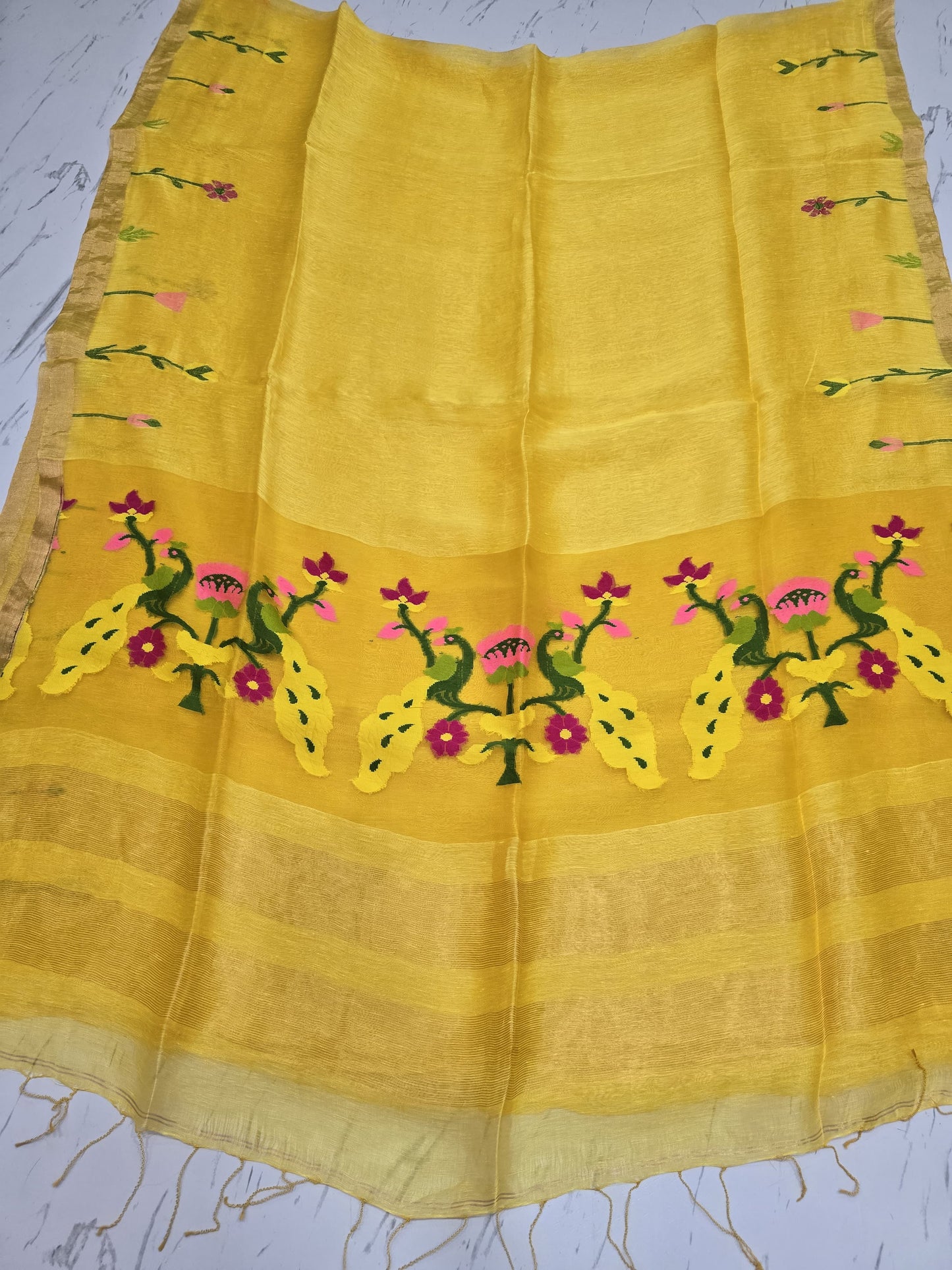 Keka pure silk linen saree with elegant muslin pallu, running blouse piece and Handloom Mark by Rihyaaz