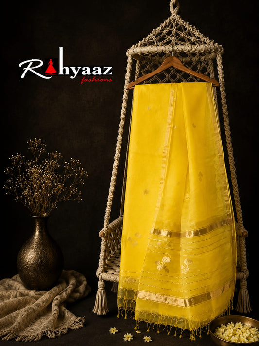 Lipi yellow Resham Linen Zari Jamdani suit with zari border and heavy palla Resham dupatta by Rihyaaz