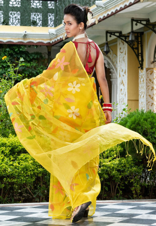Papri Resham silk jamdani saree with allover handwoven bird & floral weaves by Rihyaaz 