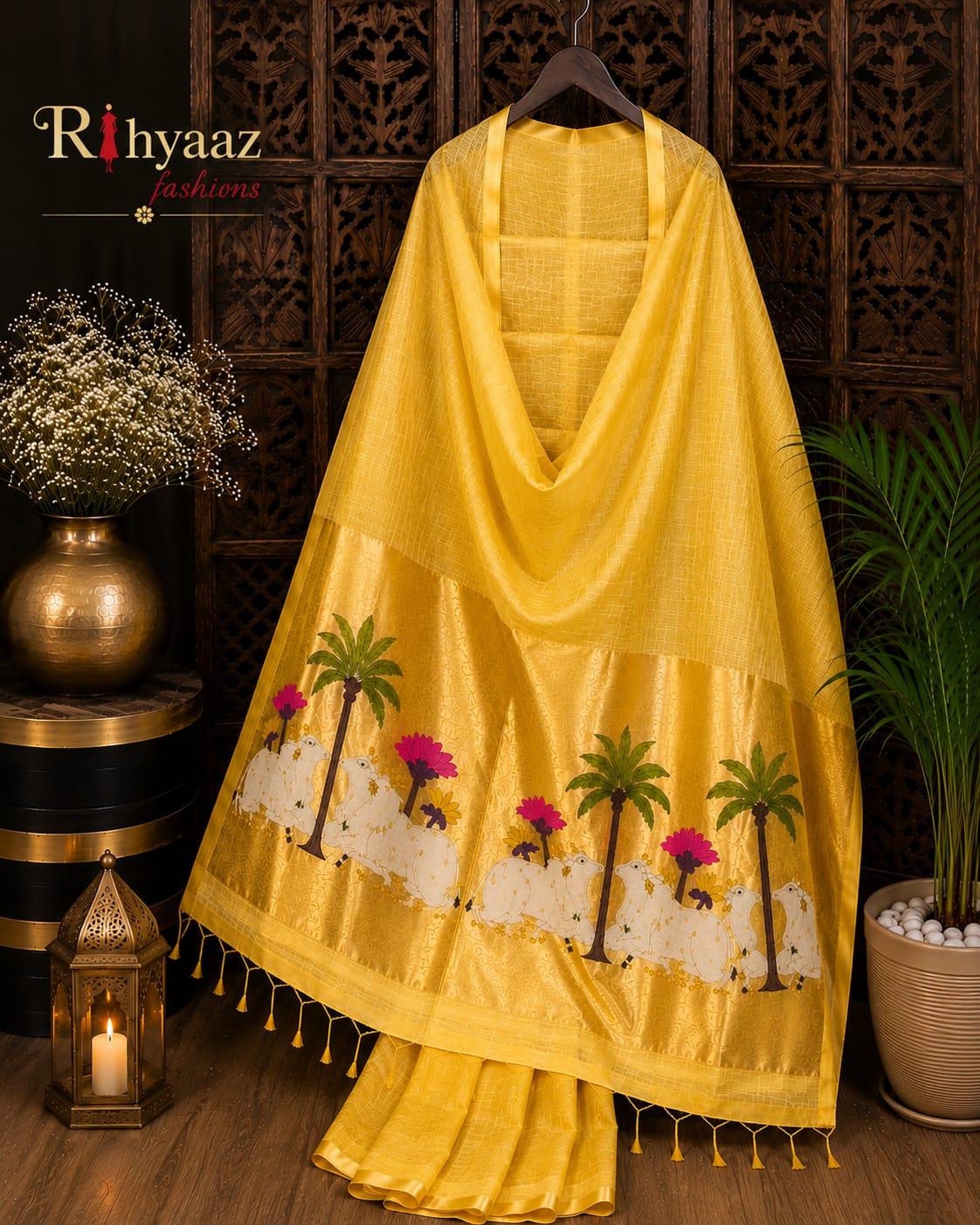 Kamdhenu Silk Linen Pichwai Motif Paithani Jamdani Saree by Rihyaaz featuring intricate Pichwai-inspired weaving, elegant Paithani pallu, handcrafted details, and a plain blouse piece for festive and traditional wear.