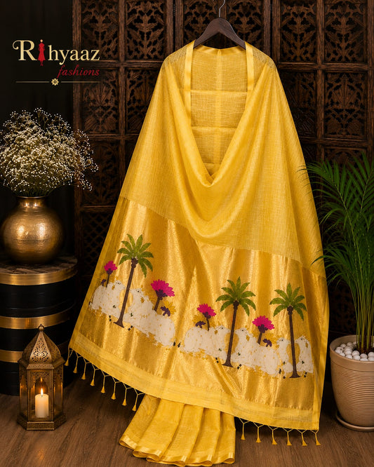 Kamdhenu Silk Linen Pichwai Motif Paithani Jamdani Saree by Rihyaaz featuring intricate Pichwai-inspired weaving, elegant Paithani pallu, handcrafted details, and a plain blouse piece for festive and traditional wear.