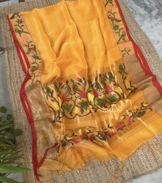 Kheya silk linen Pita zari Paithani saree by Rihyaaz Fashions, featuring traditional zari weaving and elegant handloom detailing.