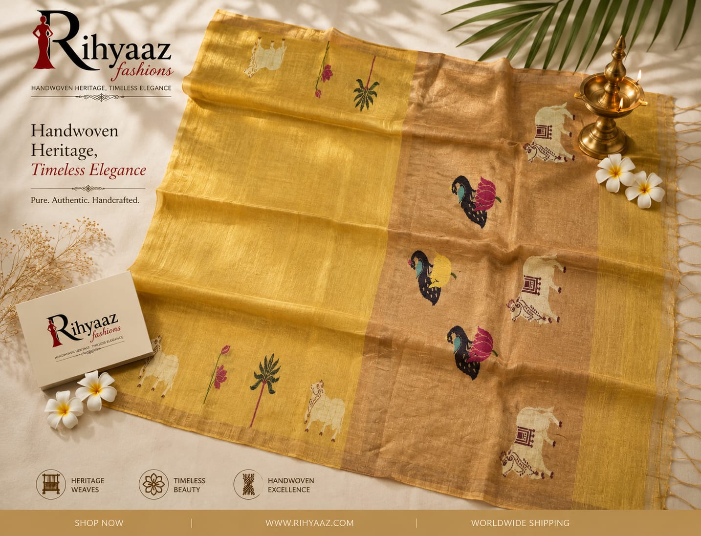 Subh Silk Linen Zari Palla Pichwai Motif Saree by Rihyaaz featuring intricate Pichwai-inspired motifs, luxurious zari palla, elegant handwoven craftsmanship, and a graceful drape for festive, wedding, and traditional wear.