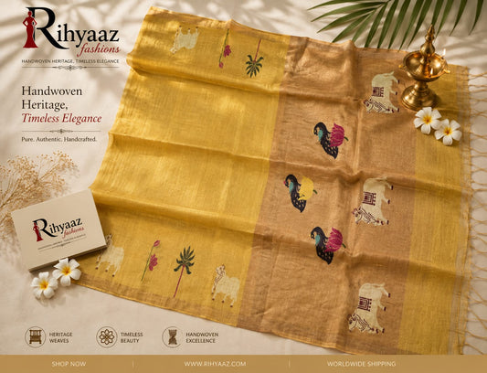 Subh Silk Linen Zari Palla Pichwai Motif Saree by Rihyaaz featuring intricate Pichwai-inspired motifs, luxurious zari palla, elegant handwoven craftsmanship, and a graceful drape for festive, wedding, and traditional wear.
