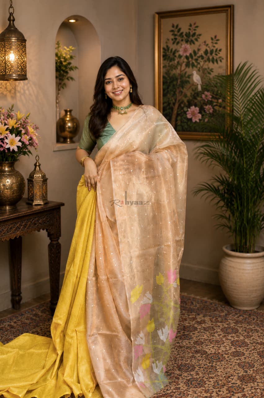 Qala tissue silk sequin weaved saree with intricate Jamdani palla and solid-colour blouse piece, customisable in pastel shades by Rihyaaz.