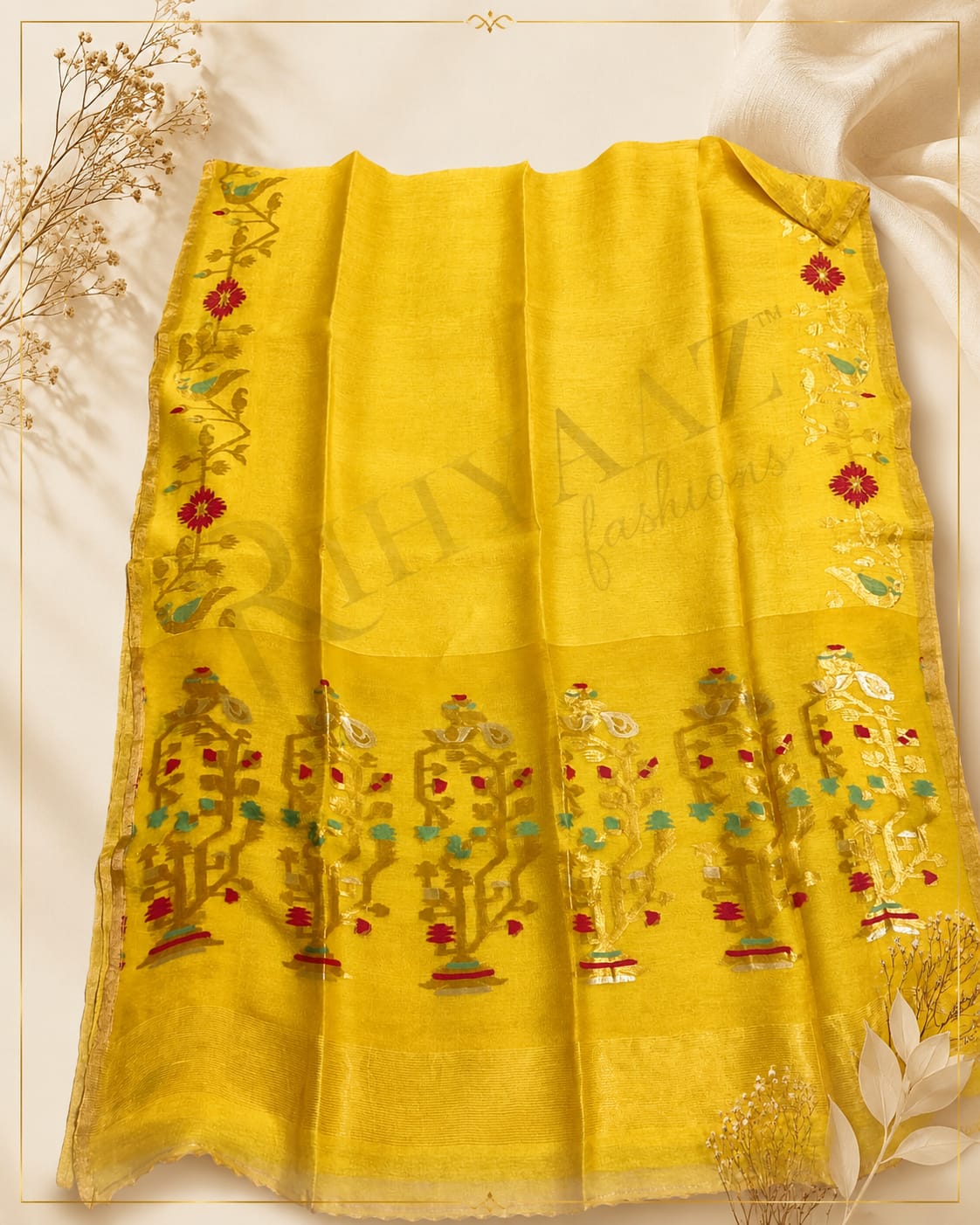 Khori - Silk Tissue Linen Needle Karat Jamdani Saree with handcrafted Resham Jamdani palla, premium handwoven festive saree by Rihyaaz featuring elegant traditional weaving and luxurious silk tissue linen fabric.