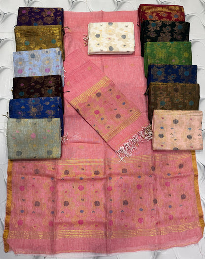 Zari weaved pure linen Jamdani suit set with 2.6 meter top and 2.5 meter Tassels dupatta by Rihyaaz 