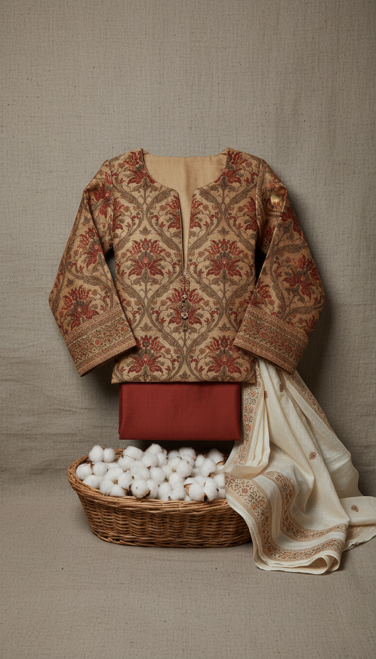 Benarasi suit set with raw cotton accents