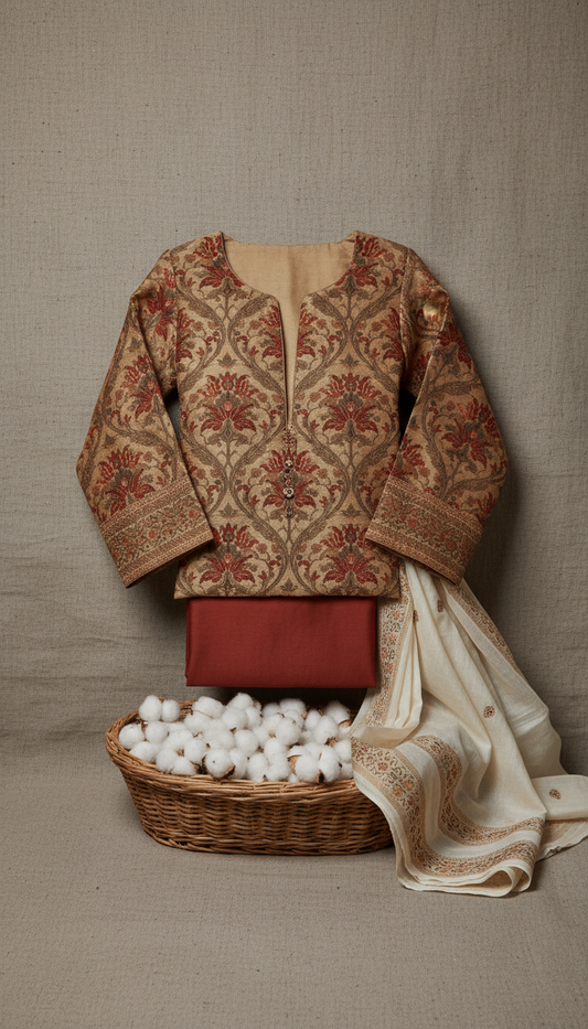 Benarasi suit set with raw cotton accents