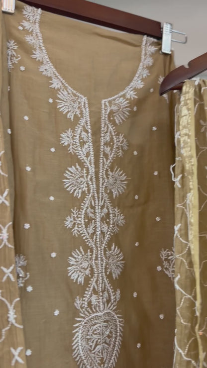 Pure Mulmul Chanderi Chikankari Straight Suit Set with Heavy Resham Jaal Work | Semi-Stitched | Rihyaaz