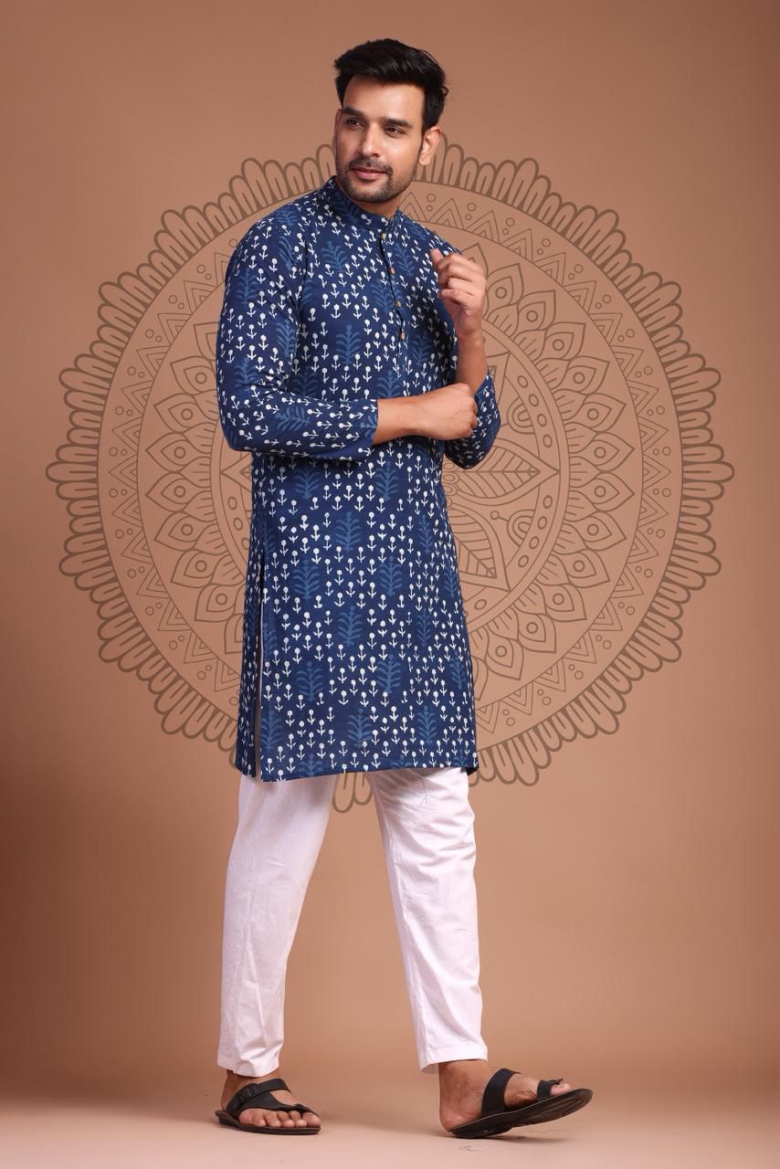 Traditional Bagru Hand Block Printed Gent’s Long Kurta | Elegant Ethnic Wear for Men