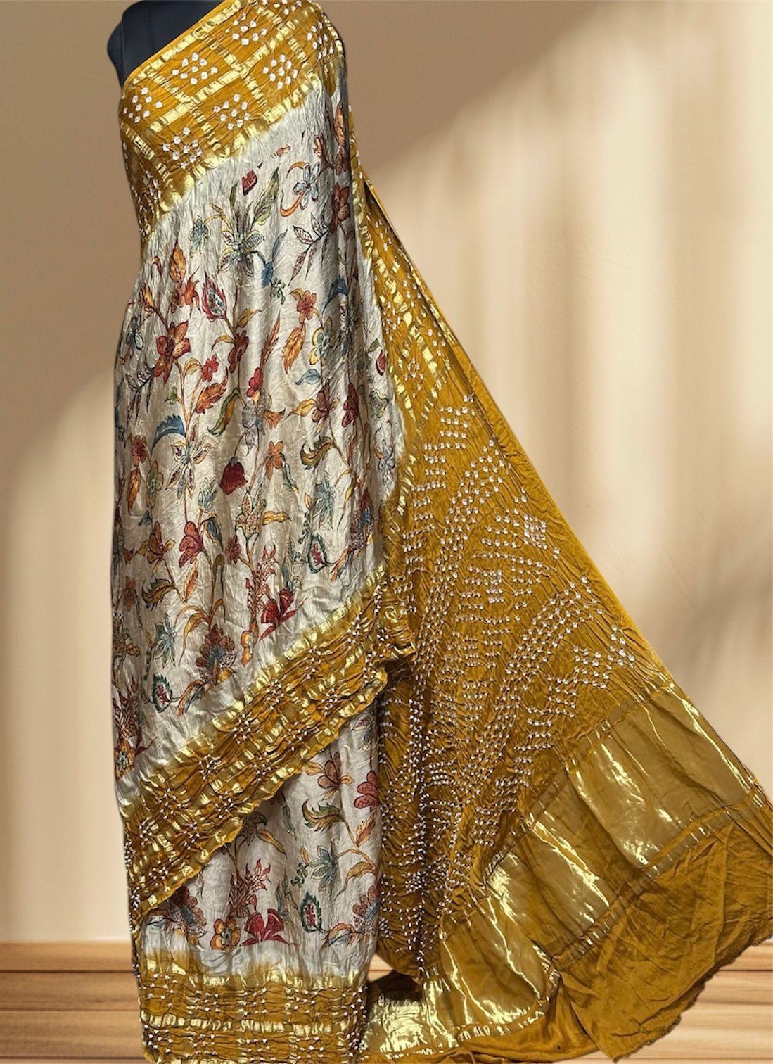 Kalamkari Bandhej Modal Silk Saree with Heavy Tissue Pallu | Digital Print Natural Dye |