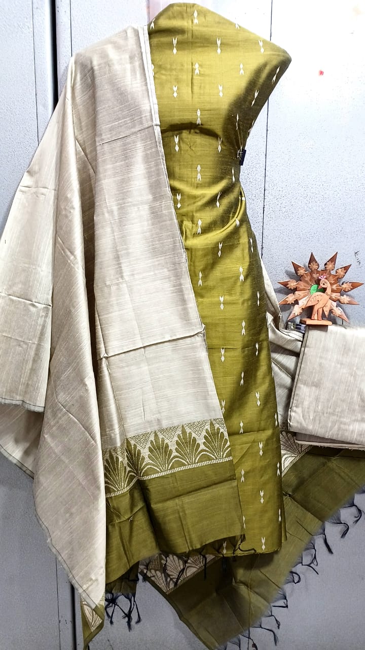 Semi Raw Silk Buta Design Unstitched Dress Material Set