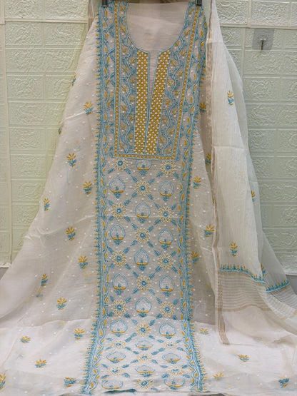 Fabric Mul Mul Chanderi Suit Set – Kurta & Dupatta | Chikan Fine Work | Colour Thread Embroidery | Pearl & Cuttdhana Detailing | Dyeable Fabric
