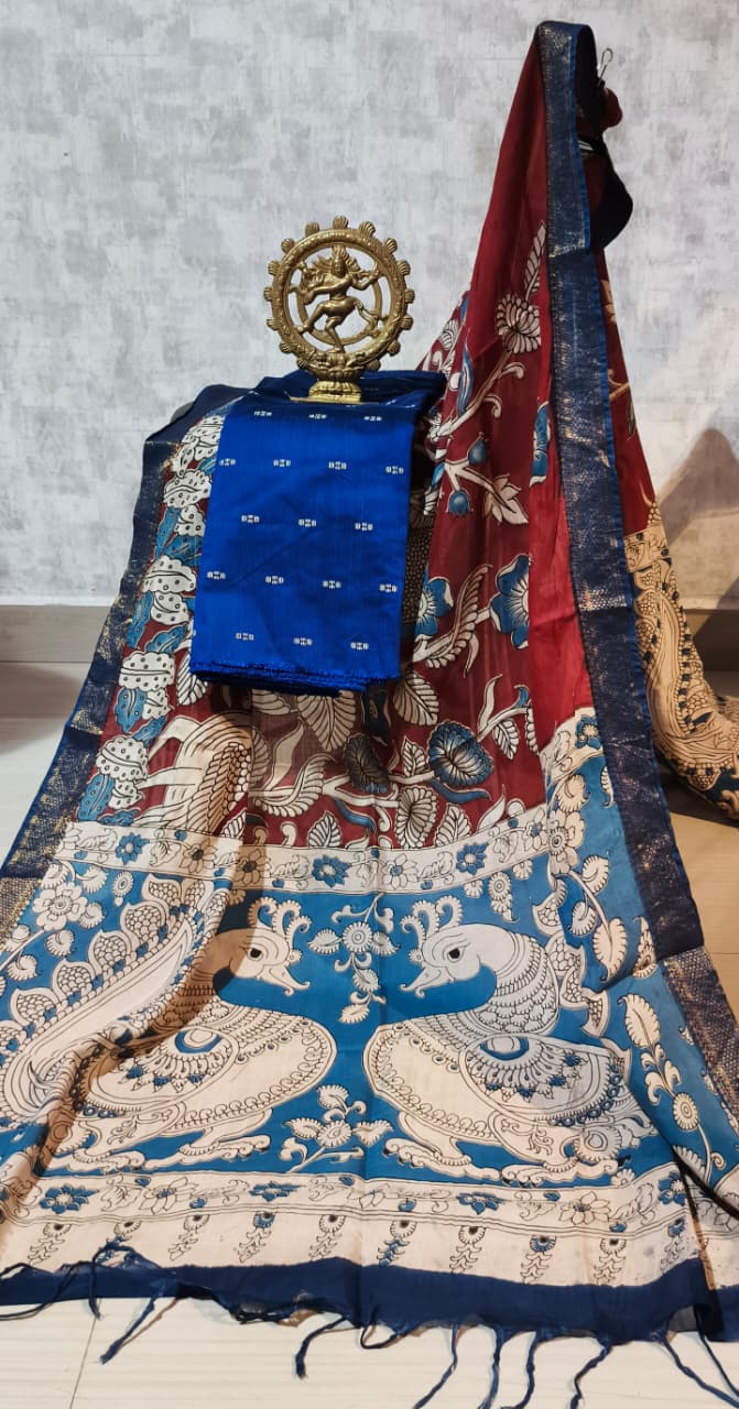 Ikkat Raw Silk Unstitched Dress Material with Kalamkari Dupatta