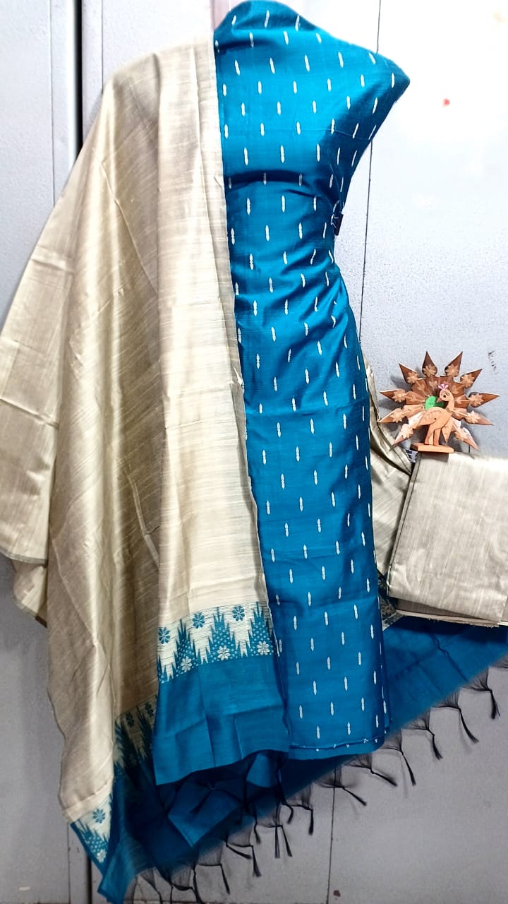 Semi Raw Silk Buta Design Unstitched Dress Material Set