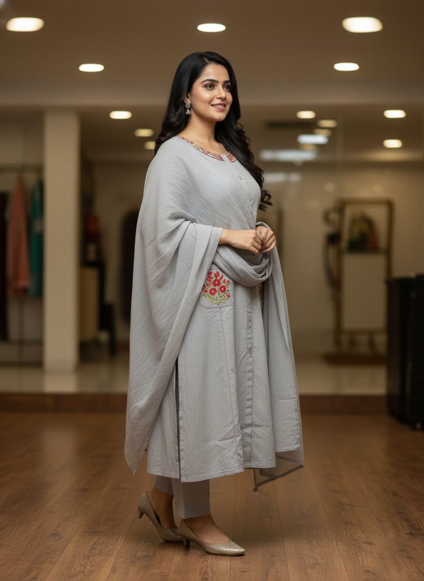 Kaavya – Elegant Flair Straight Kurta Set | Cotton Pant & Malmal Dupatta | Premium Embroidered Suit Set