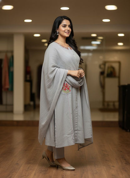 Kaavya – Elegant Flair Straight Kurta Set | Cotton Pant & Malmal Dupatta | Premium Embroidered Suit Set