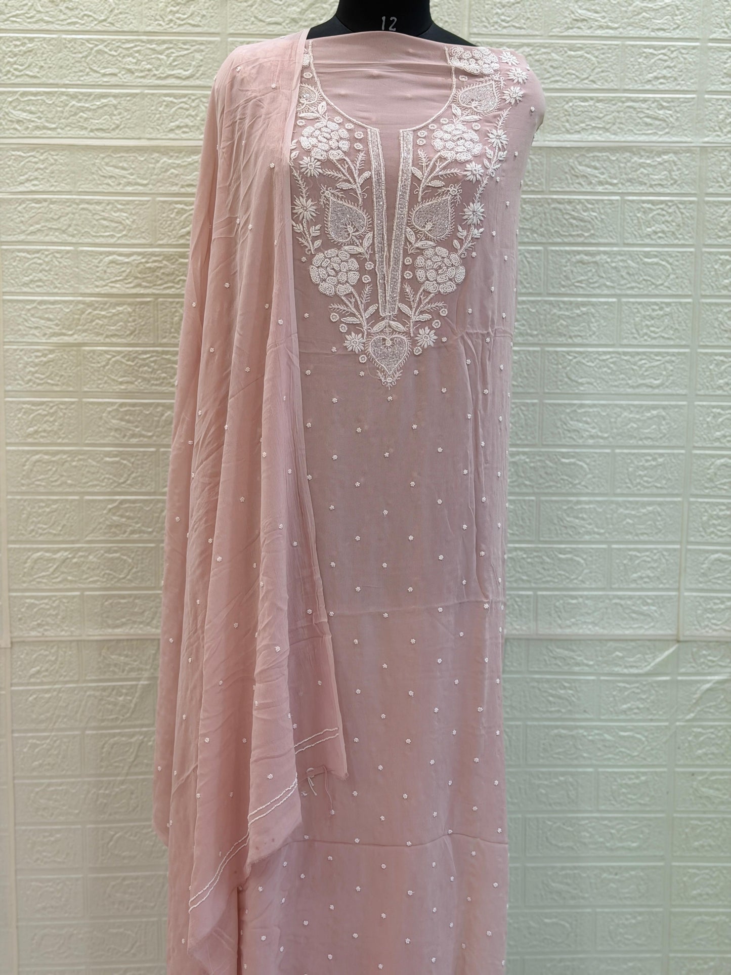 Viscose Georgette Suit Kurta Dupatta Set – Chikan Fine Work | Pearl & Cuttdhana Detailing | Dyeable Fabric