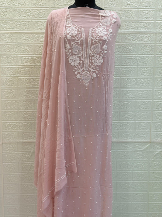 Viscose Georgette Suit Kurta Dupatta Set – Chikan Fine Work | Pearl & Cuttdhana Detailing | Dyeable Fabric