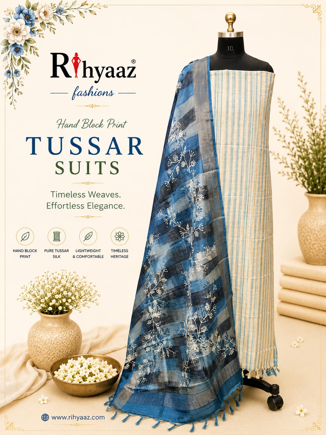Shringar Handblock Printed Tussar Suit with Zari Border Dupatta