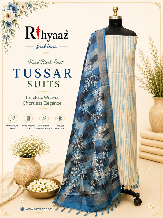 Shringar Handblock Printed Tussar Suit with Zari Border Dupatta